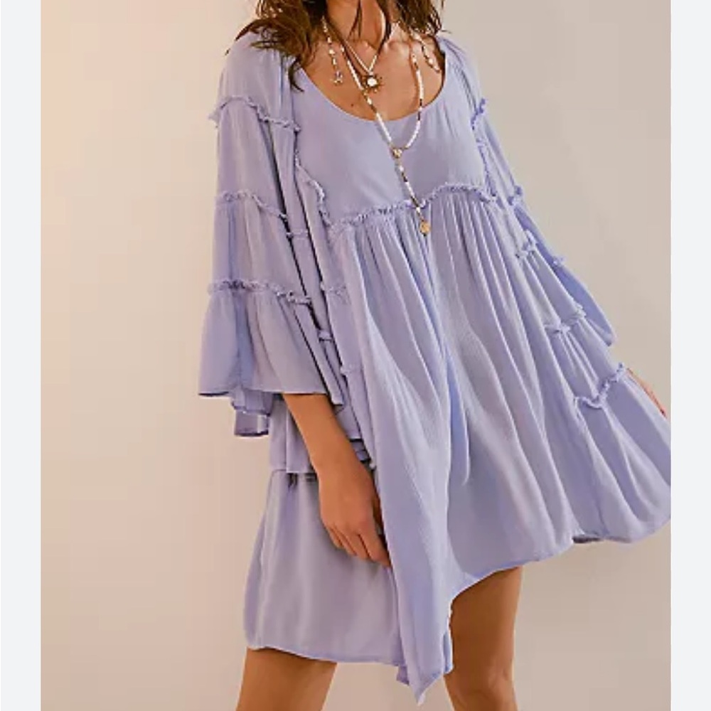 Free People purple Mini Dress, ruffled quarter length sleeves scoop neck Xsmall